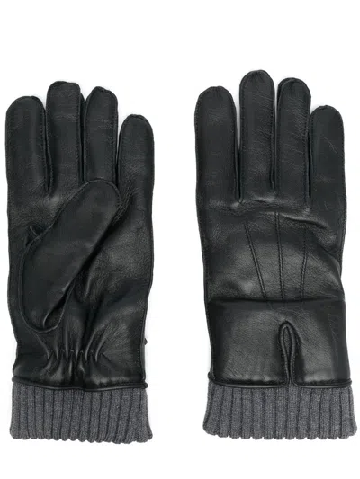 Moncler Black Leather Gloves In 999 Black