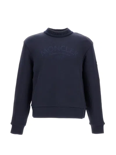 Moncler Ribbed-cuffs Embroidered Sweatshirt In Blue