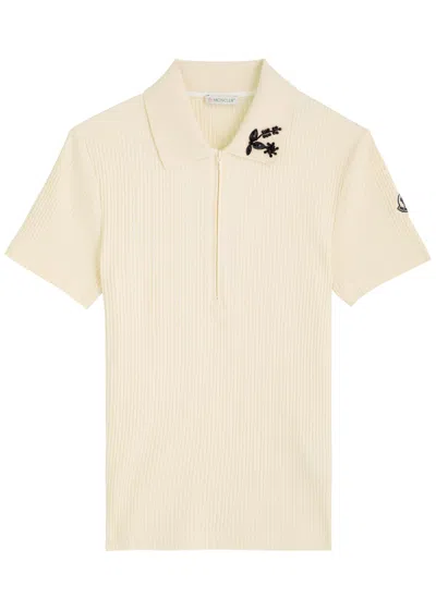Moncler Ribbed Embellished Cotton-blend Polo Top In White