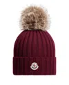 Moncler Maroon Logo Ribbed Texture Beanie Hat In Burgundy