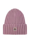 Moncler Pink Logo Beanie Hat In Purple