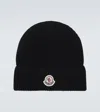 Moncler Black Logo Ribbed Knit Beanie Hat In Black