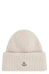 Moncler Logo Patch Ribbed Beanie In Ecru