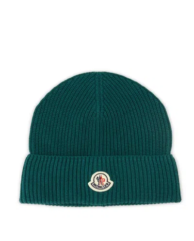Moncler Ribbed Knit Beanie With Folded Cuff In Green
