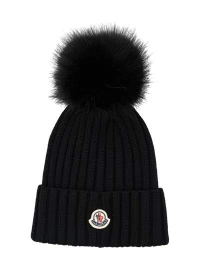 Moncler Black Pom-pom Solid Beanie Cap In White