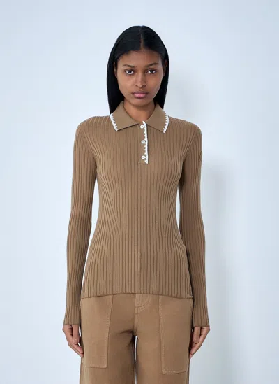 Moncler Ribbed Knit Collared Top In Brown