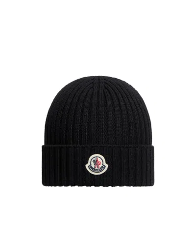 Moncler Kids' Ribbed Knit Hat In Black