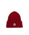 Moncler Cable-knit Wool Beanie With Logo In Burgundy In Red