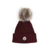 Moncler Ribbed Knit Hat With Fluffy Pom-pom In Red