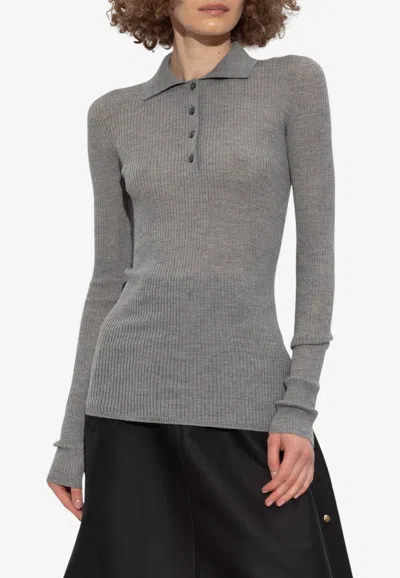 Moncler Ribbed Knit Polo T-shirt In Gray