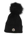 Moncler Ribbed Knit Wool Beanie With Faux Fur Pom-pom In Black