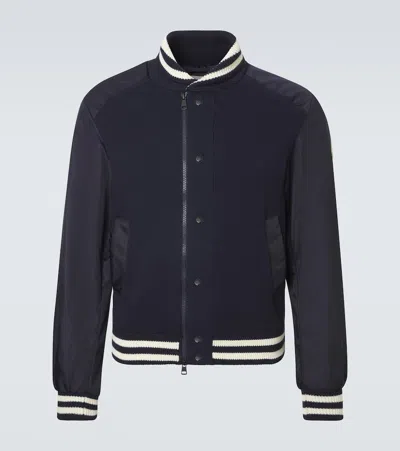 Moncler Cardigan Jacket Suede Panels Ribbed Collar In Blue