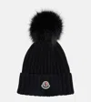 Moncler Ribbed Knit Wool Beanie With Faux Fur Pom-pom In Black