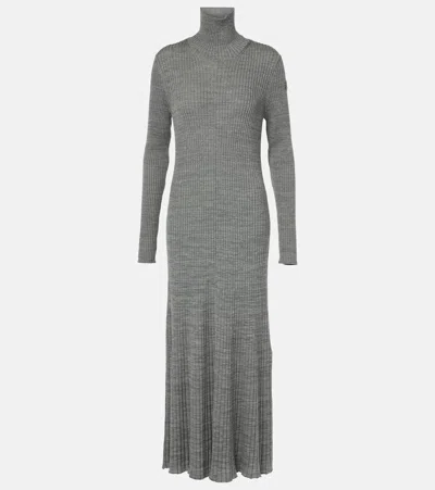 Moncler Ribbed-knit Virgin Wool Maxi Dress In Grey