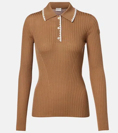 Moncler Ribbed-knit Virgin Wool Polo Sweater In Brown