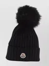Moncler Ribbed Knit Wool Beanie With Faux Fur Pom-pom In Black