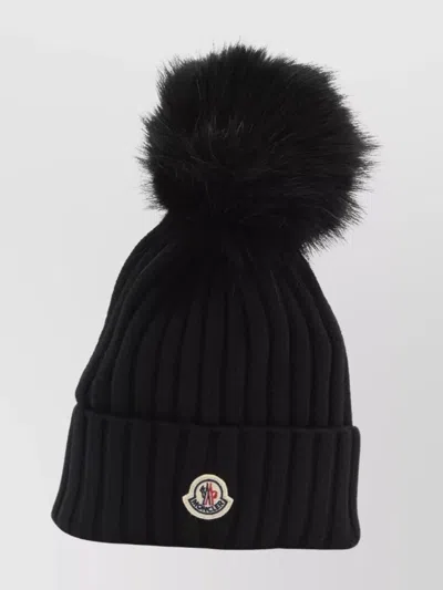 Moncler Ribbed Knit Wool Beanie With Faux Fur Pom-pom