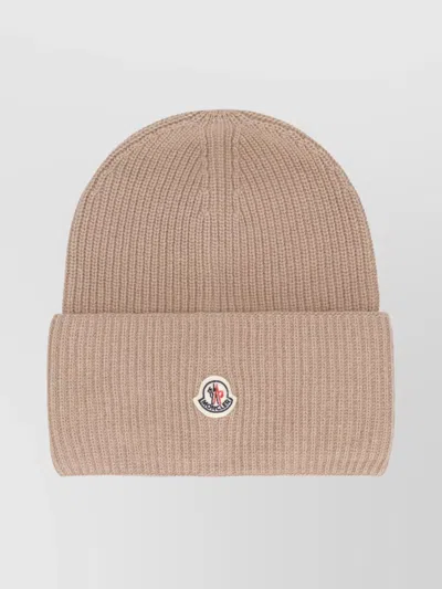Moncler Ribbed Knitted Wool Hat With Folded Cuff In Neutral