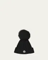 Moncler Ribbed Logo Beanie With Faux Fur Pom In Black