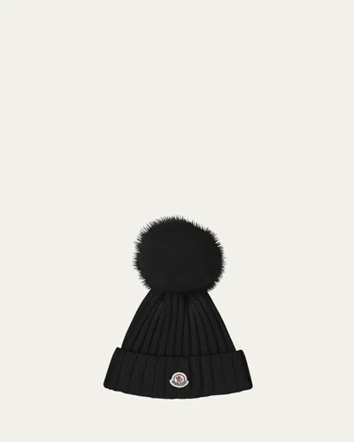 Moncler Ribbed Logo Beanie With Faux Fur Pom In Black