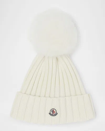 MONCLER RIBBED LOGO BEANIE WITH FAUX FUR POM