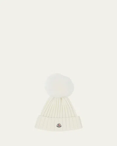 Moncler Ribbed Logo Beanie With Faux Fur Pom In Natural