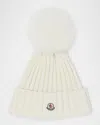 MONCLER RIBBED LOGO BEANIE WITH FAUX FUR POM