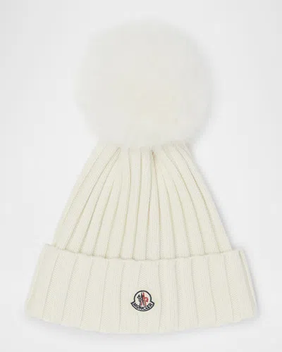 Moncler Ribbed Logo Beanie With Faux Fur Pom In White