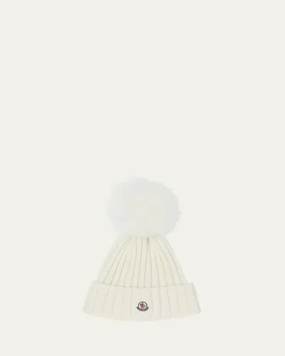 Moncler Ribbed Logo Beanie With Faux Fur Pom In Natural