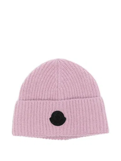 Moncler Ribbed Logo-plaque Beanie In Pink