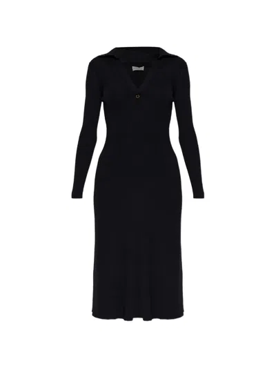 Moncler Ribbed Long-sleeve Midi Dress In Black