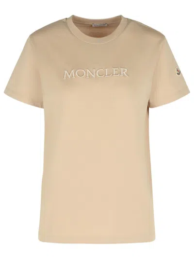 Moncler Ribbed Neutrals Cotton T-shirt With Embossed Logo Details