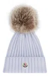 Moncler Ribbed Knit Hat With Fluffy Pom-pom In Blue
