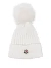 Moncler Ribbed Wool Beanie With Faux Fur Pom In Neutral