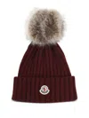 Moncler Ribbed Knit Hat With Fluffy Pom-pom In Brown
