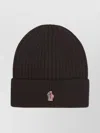 Moncler L Beanie Hat With Logo Patch In Brown