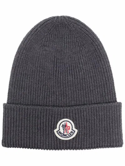 Moncler Ribbed Virgin Wool Beanie Accessories In Gray