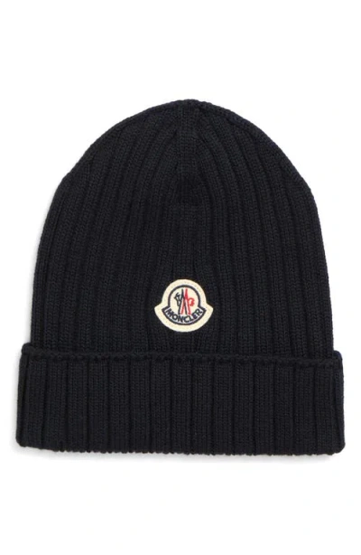 Moncler Kids'  Ribbed Virgin Wool Beanie In Black