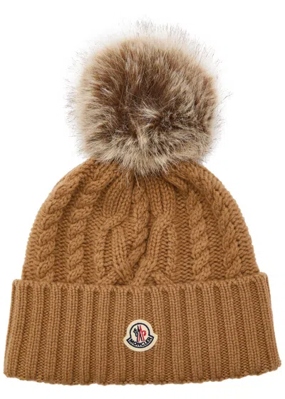 Moncler Ribbed Wool And Cashmere-blend Bobble Hat In Brown