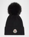 Moncler Ribbed Wool Beanie W/ Faux Fur Pom In Black