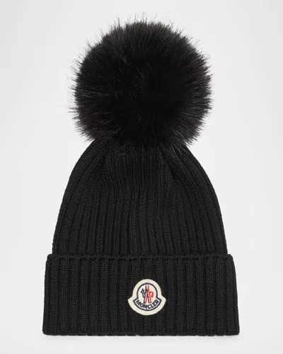 MONCLER RIBBED WOOL BEANIE W/ FAUX FUR POM