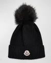 Moncler Kids' Ribbed Wool Beanie W/ Faux Fur Pom In Black