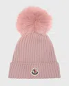 Moncler Kids' Ribbed Wool Beanie W/ Faux Fur Pom In Open Pink