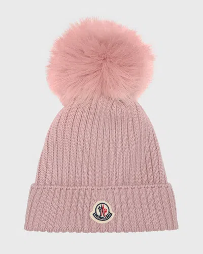 Moncler Kids' Ribbed Wool Beanie W/ Faux Fur Pom In Open Pink