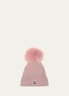 Moncler Ribbed Wool Beanie W/ Faux Fur Pom In Open Pink