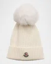 Moncler Ribbed Wool Beanie W/ Faux Fur Pom In White