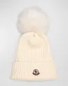 Moncler Ribbed Wool Beanie W/ Faux Fur Pom In White