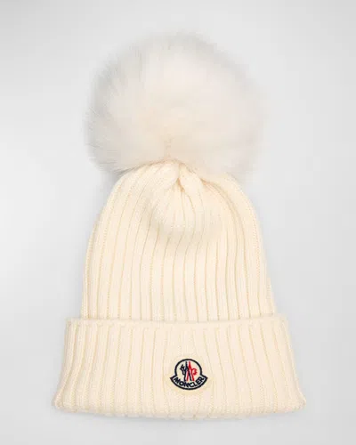 Moncler Kids' Ribbed Wool Beanie W/ Faux Fur Pom In White