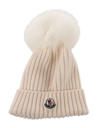 Pre-owned Moncler Ribbed Wool Beanie With A Plush Fur Pom Pom In Neutrals