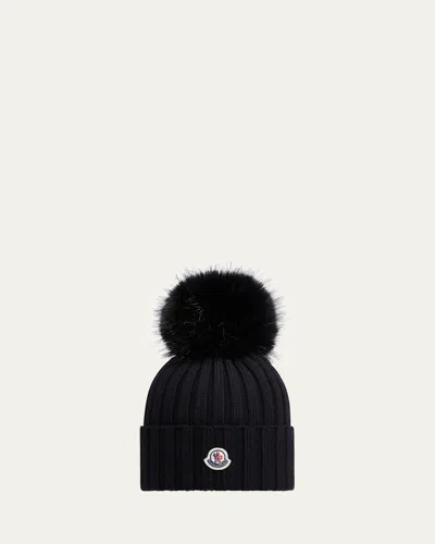 Moncler Ribbed Wool Beanie With Faux Fur Pom In Black